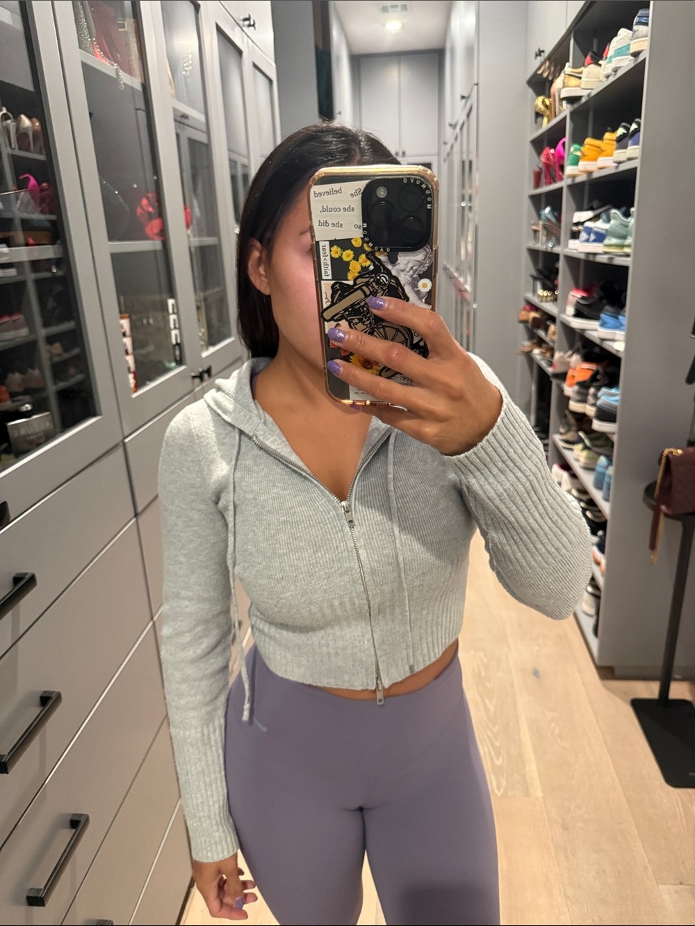 Pink Rose Light Gray Cropped Zip Hoodie